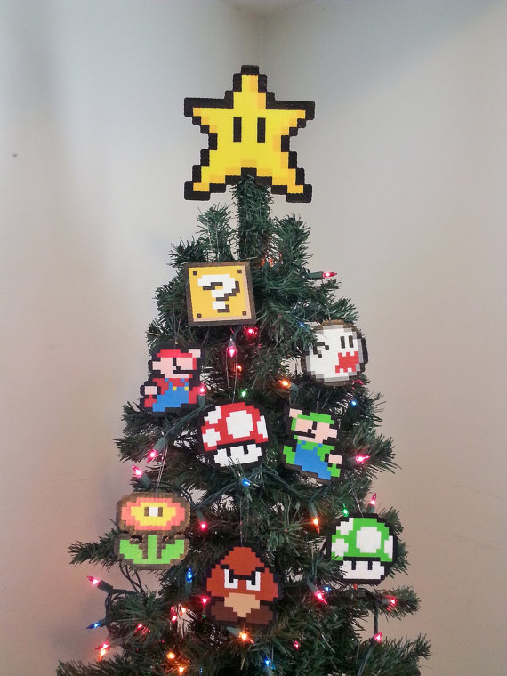 Original Super Mario Bros. Perler Bead Star Christmas Tree Topper and Ornament Set